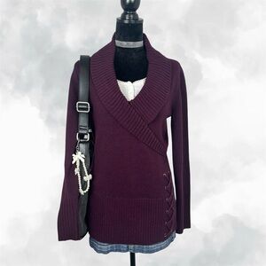 VENUS Plum Ribbed Shawl Collar Cozy Sweater with Side Lace Up Detailing